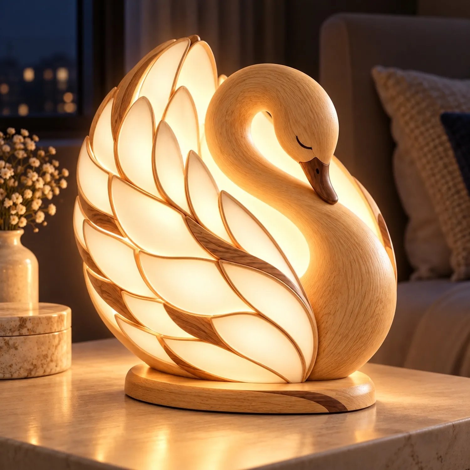 Wood Swan Silk Lamp Whimsical Fantasy Character Storybook Interior Decor