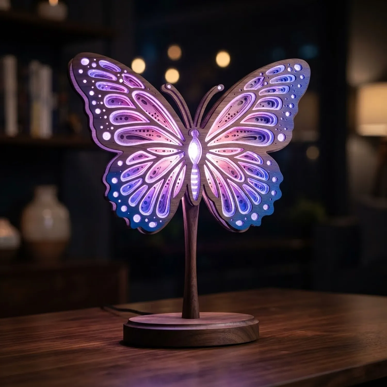 Wood Butterfly Mirage Lamp Natural Home Style Unique Artisan Design