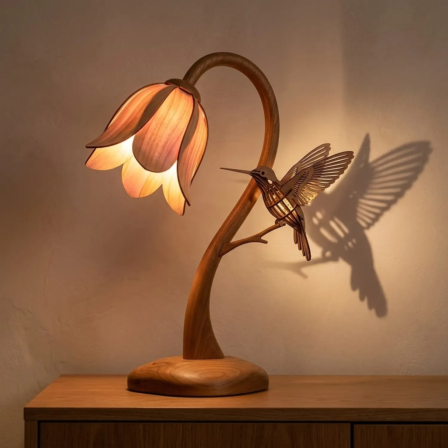 Wood Hummingbird Bloom Lamp Botanical Floral Theme Accent Lighting