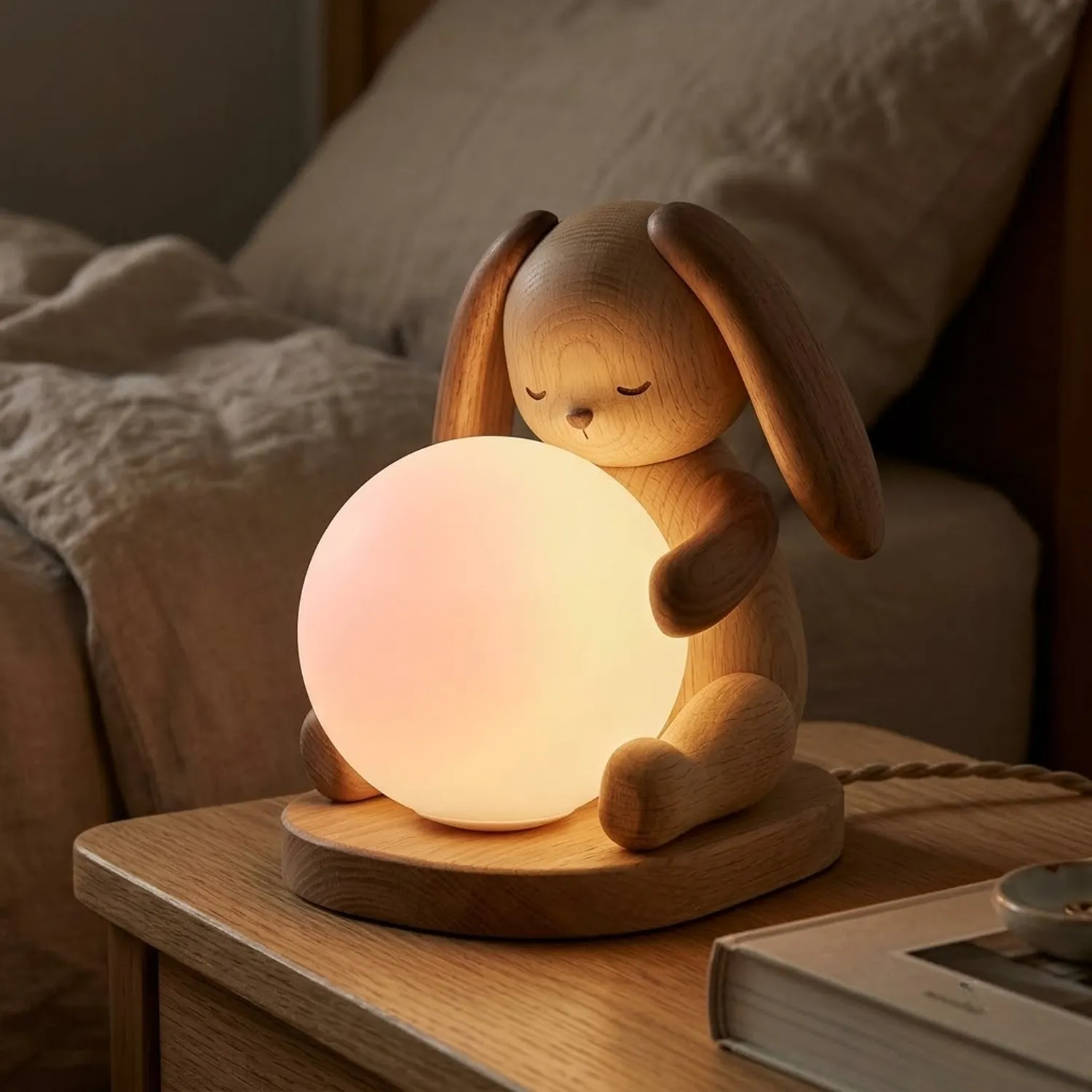 Wood Bunny Hug Lamp Whimsical Animal Character Children Room Accent
