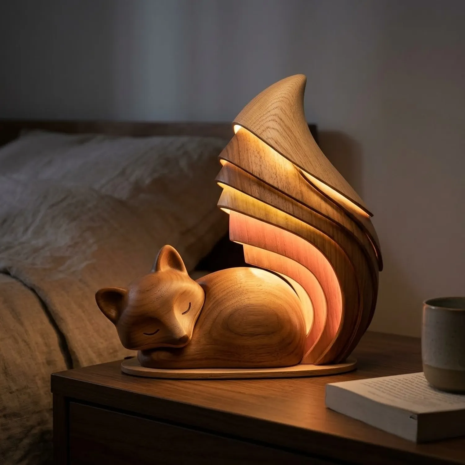 Wood Sleepy Fox Lamp Woodland Creature Cozy Bedroom Nightlight Styling