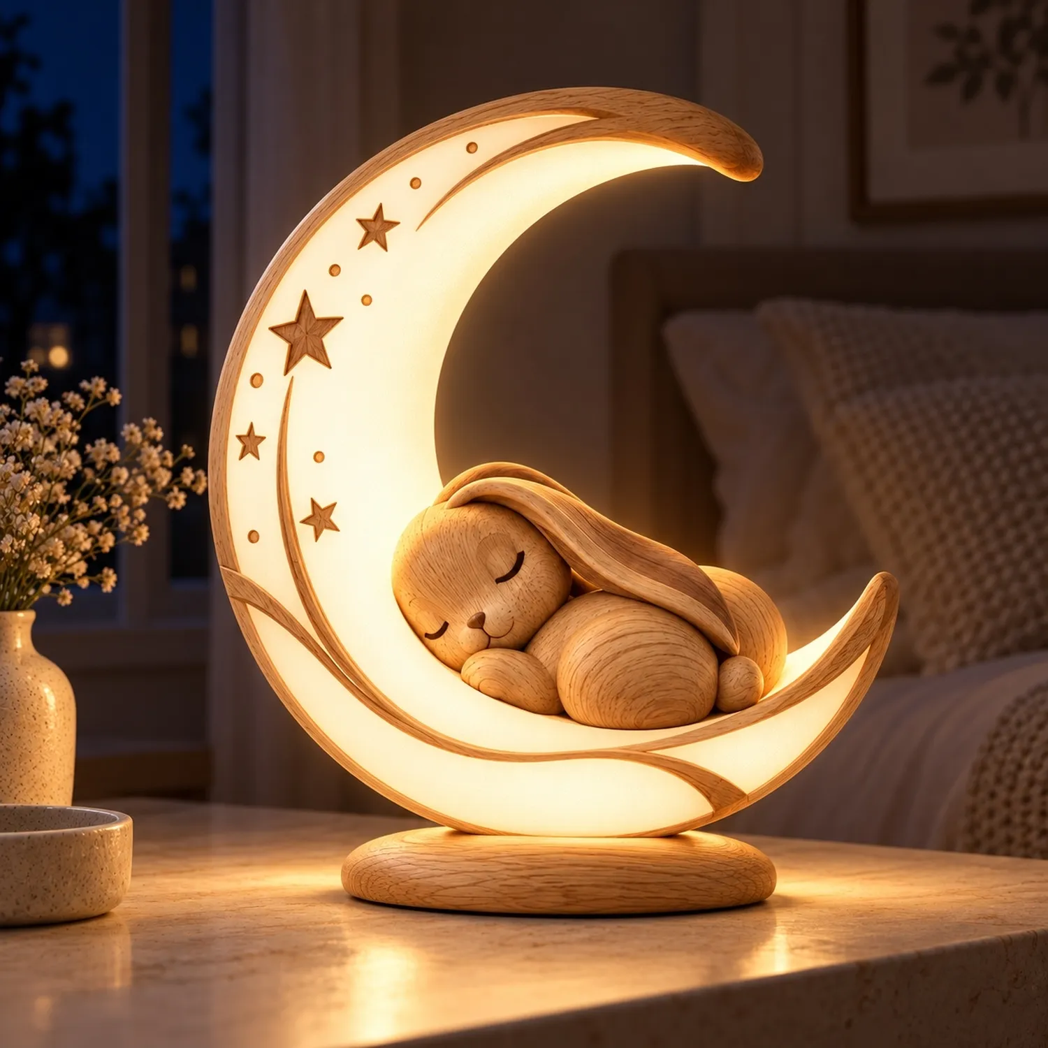 Wood Bunny Mooncradle Lamp Astrological Mythological Creature Storybook Decor