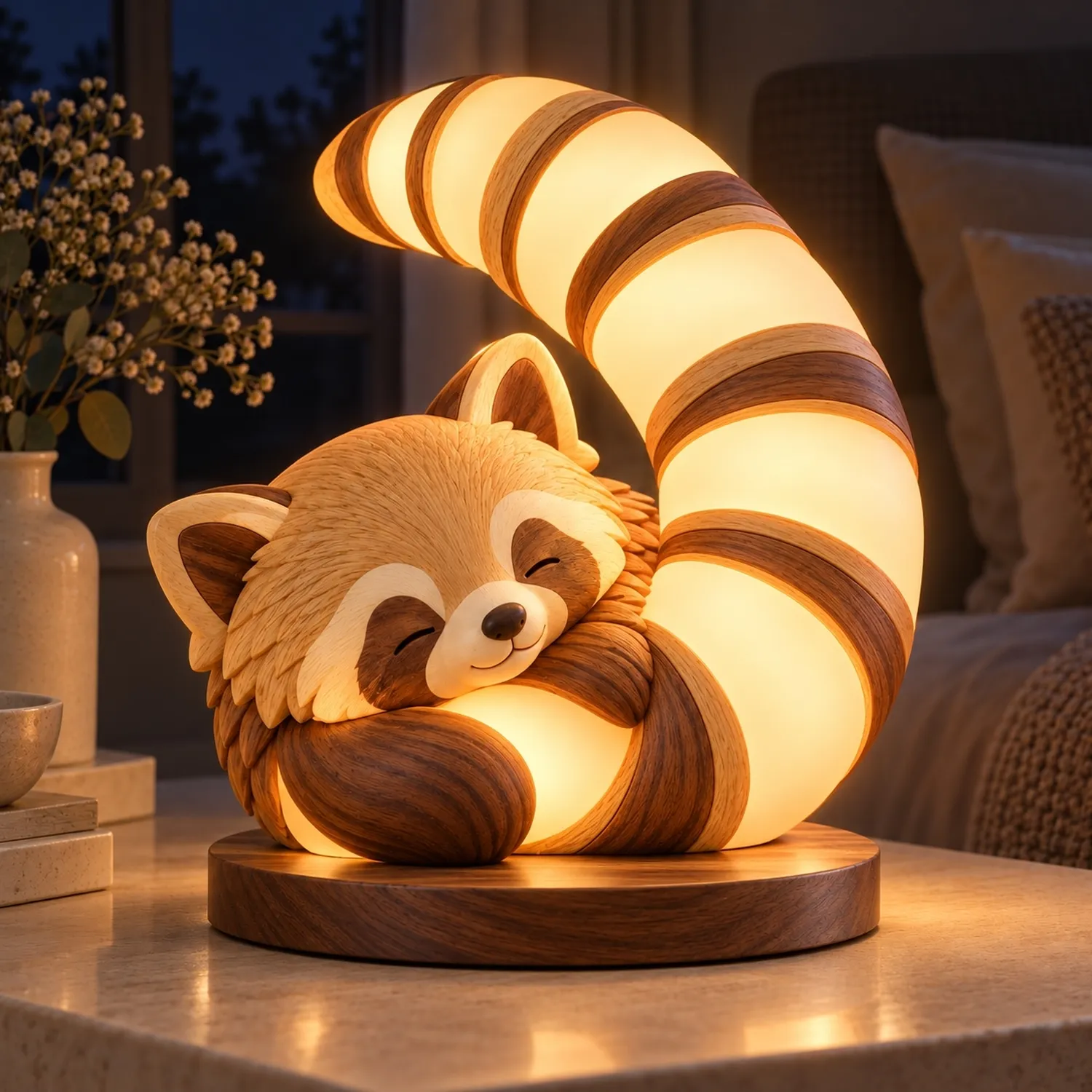 Wood Red Panda Embrace Lamp Woodland Animal Playful Adventure Accent
